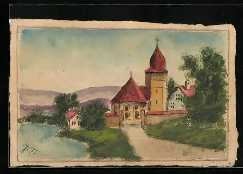 Künstler-AK Handgemalt: Kirche mit Strasse, Gewässer und Bergblick