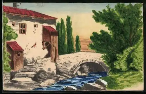 Künstler-AK Handgemalt: Sonnenbeschienenes Haus mit Brücke im Süden