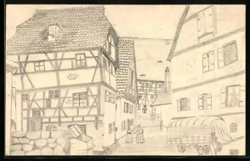 Künstler-AK Handgemalt: Ortspartie mit Fachwerkhaus und Planwagen