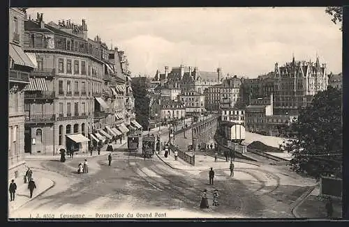 AK Lausanne, Perspective du Grand Pont, Strassenbahn