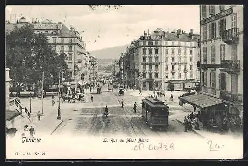 AK Genève, La rue du Mont Blanc, Strassenbahn, Pferdekutsche