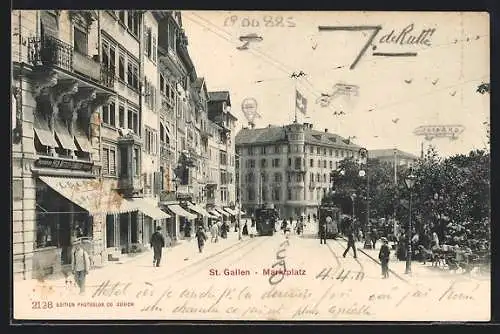 AK St. Gallen, Marktplatz mit Strassenbahnen und Geschäften