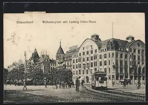 AK Düsseldorf, Strassenbahn Linie 8 am Wilhelmsplatz, Ludwig Löwe-Haus