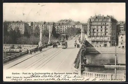 AK Genève, Pont de la Coulouvrenière et Boulevard James Fazy, Strassenbahn