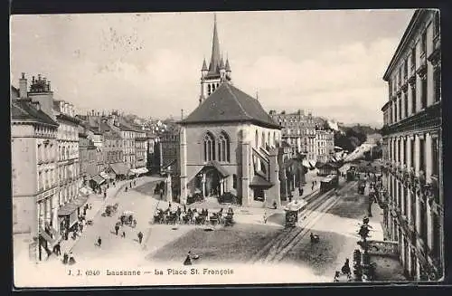 AK Lausanne, La Place St. Francois, Strassenbahn