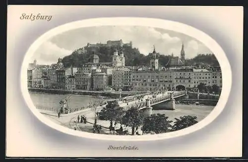 AK Salzburg, Staatsbrücke mit Strassenbahn und Stadtpanorama