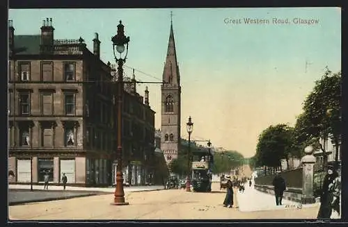 AK Glasgow, Great Western Road, Strassenbahn