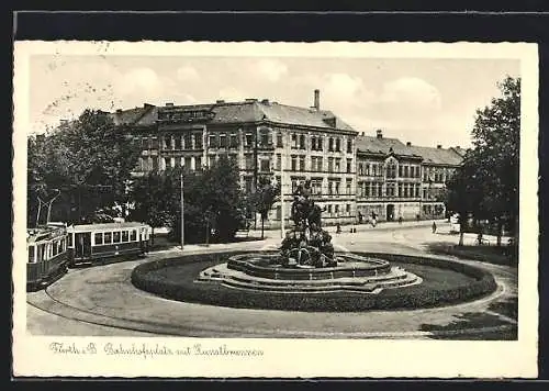 AK Fürth, Bahnhofsplatz mit Kunstbrunnen, Strassenbahn