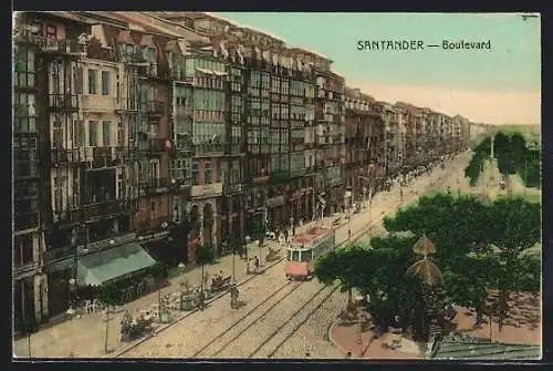 AK Santander, Boulevard mit Strassenbahn aus der Vogelschau