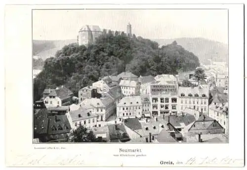 Riesen-AK Greiz, Neumarkt vom Kirchturm gesehen, Warenhaus Heinrich Tietz