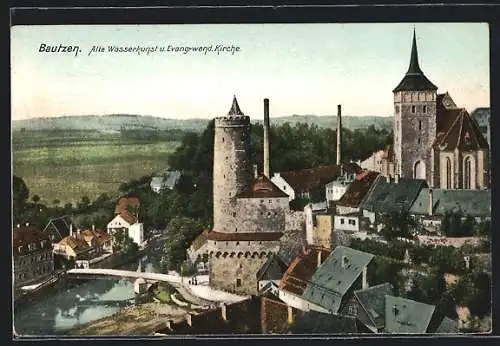 AK Bautzen, Alte Wasserkunst und ev.-wend. Kirche aus der Vogelschau