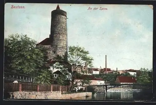 AK Bautzen, An der Spree, Ortspartie mit Turm