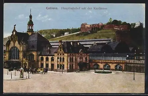 AK Coblenz, Hauptbahnhof mit der Karthause