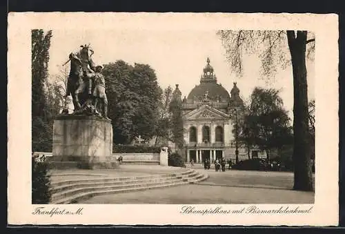 AK Frankfurt a. M., Schauspielhaus mit Bismarckdenkmal