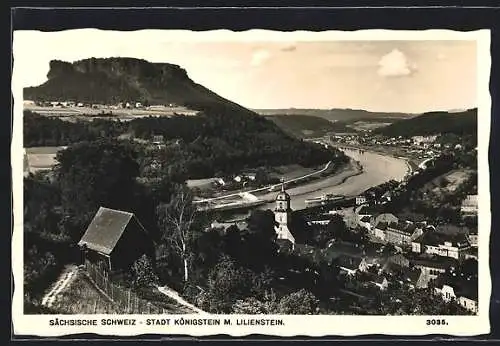 AK Königstein /Sa., Stadtansicht mit Lilienstein aus der Vogelschau