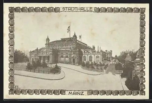 Künstler-AK Mainz, Stadthalle mit Umgebung