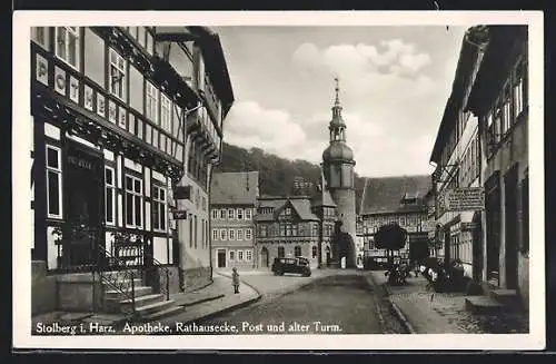 AK Stolberg i. Harz, Strassenpartie mit Rathausecke, Post, Alter Turm