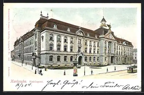 AK Karlsruhe, Reichspost, Strassenbahn und Litfasssäule