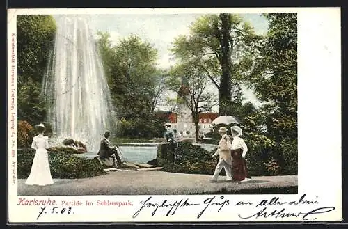 AK Karlsruhe, Schlosspark-Partie mit Springbrunnen