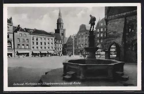 AK Dortmund, Marktplatz mit Bläserbrunnen und Reinoldi-Kirche