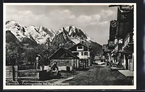 AK Garmisch, Frühlingstrasse mit Zugspitzmassiv