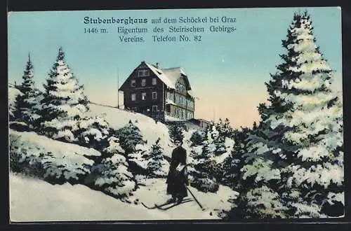 AK Graz, Stubenberghaus auf dem verschneiten Schöckel mit Skifahrer