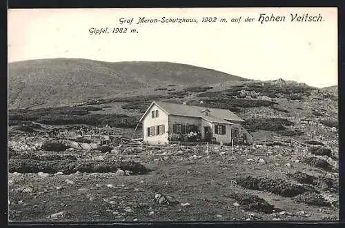 AK Graf Meran-Schutzhaus auf der Hohen-Veitsch, Blick den Hang hinauf zur Berghütte