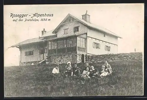 AK Pretulalpe, Wanderer vor dem Rosegger-Alpenhaus