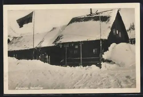 AK Hinteralm, verschneite Schiehütte-Berghütte