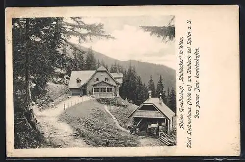 AK Karl Lechnerhaus, Blick auf die Hütte der Alpinen Gesellschaft D`Stuhlecker in Wien