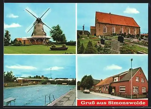 AK Ihlow-Simonswolde, Windmühle, Kirche mit Friedhof, Schwimmbad