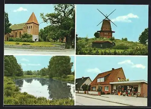 AK Hittbergen a. d. Elbe, Kirche Windmühle, EDEKA-Geschäft, Partie am See