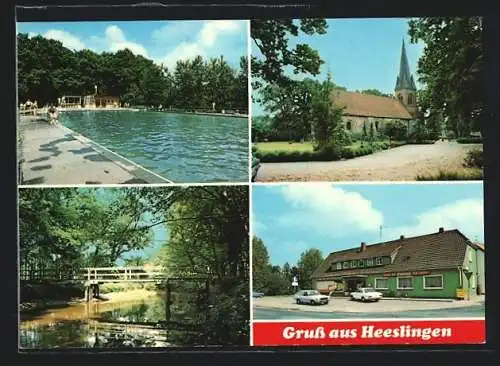 AK Heeslingen, Schwimmbad, Blick nach der Kirche, Partie am Bach, Feinkosthaus und Gaststätte Bargfrede