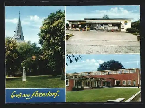 AK Asendorf / Diepholz, Edeka Geschäft, Kirche, grosses Gebäude