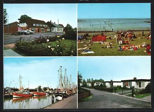 AK Friedrichskoog, VIVO H. C. Petersen u. Sohn, Ortspartie, Hafen und Strandleben