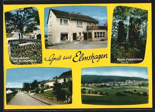 AK Elmshagen, Ortsansicht, Ruine Falkenstein, Strassenpartie, Schandpfahl m. Richtertisch, Gastwirtschaft u. Lebensmittel