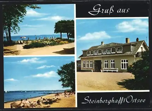 AK Steinberghaff /Ostsee, Hotel-Café, Promenade mit Meerblick, Strandleben