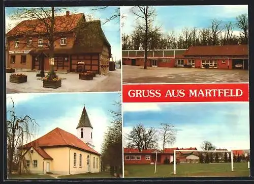 AK Martfeld, Gasthaus Kich rin, Blick nach der Kirche, Sportplatz