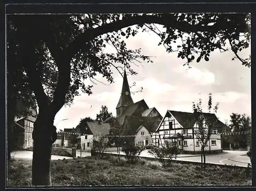 AK Lohne /Soest, Teilansicht mit Kirche und Lebensmittel Lotti Schwarz