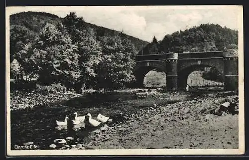 AK Einruhr /Eifel, Uferpartie mit Brücke