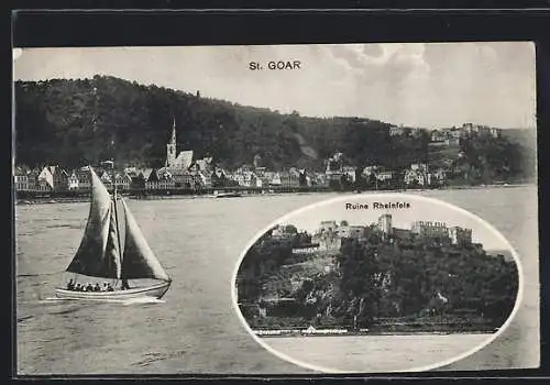 AK St. Goar, Ruine Rheinfels, Uferpartie