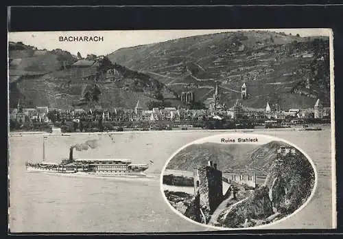 AK Bacharach, Ruine Stahleck, Uferpartie mit Dampfer