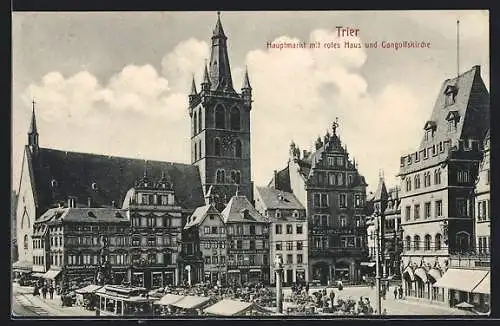 AK Trier, Hauptmarkt mit rotes Haus und Gangolfskirche, Strassenbahn
