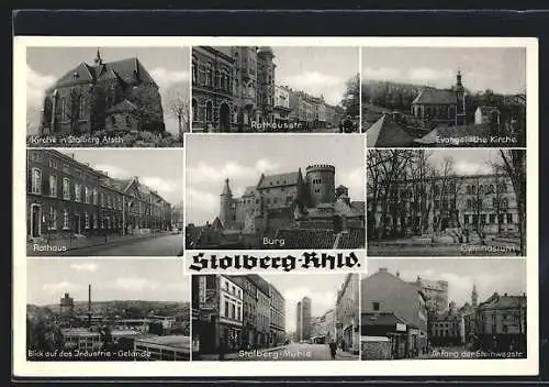 AK Stolberg /Rhld., Strasse Stolberg-Mühle mit Aral-Tankstelle, Gymnasium, Evangelische Kirche