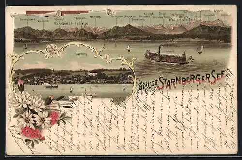 Lithographie Starnberg, Blick auf den See mit Bergpanorama und Dampfschiff Luitpold