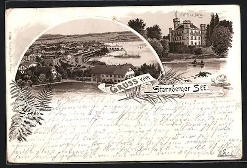 Lithographie Starnberg /Starnberger See, Schloss Berg, Panorama