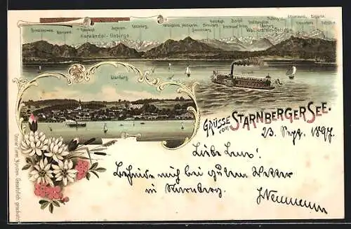 Lithographie Starnberg, Ortsansicht, Dampfer