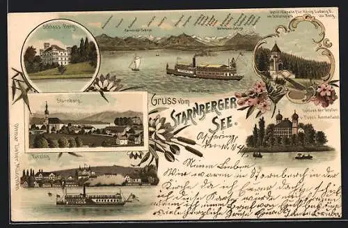 Lithographie Starnberg, Ortsansicht, Schloss Berg, Dampfer auf dem Starnberger See