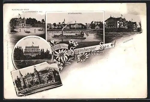 Lithographie Starnberg, Ruderclub-Haus am Starnberger See, Rottmannshöhe, Feldafing