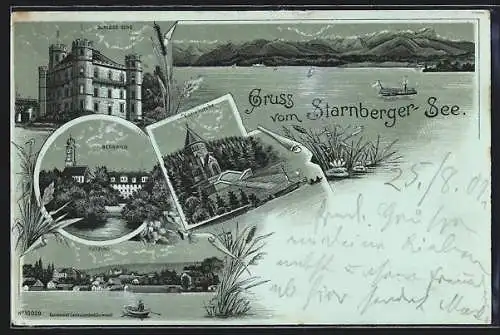 Lithographie Starnberg, Schloss Berg, Votivkirche, Bernried